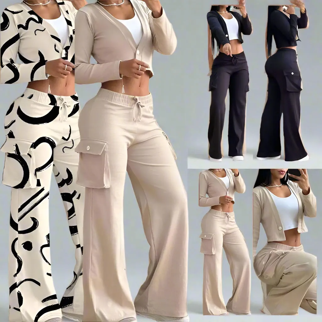 2025 Trendy Women'S Two-Piece Outfit with Long Sleeve Crop Top & Patchwork Wide Leg Pants - Comfortable Loungewear Set with Pockets Comfort Womenswear