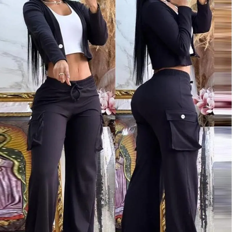 2025 Trendy Women'S Two-Piece Outfit with Long Sleeve Crop Top & Patchwork Wide Leg Pants - Comfortable Loungewear Set with Pockets Comfort Womenswear