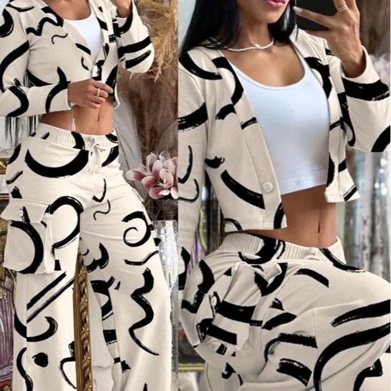 2025 Trendy Women'S Two-Piece Outfit with Long Sleeve Crop Top & Patchwork Wide Leg Pants - Comfortable Loungewear Set with Pockets Comfort Womenswear