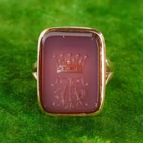 Antique Sardonyx "CAT" and Coronet Intaglio 14k Gold Ring