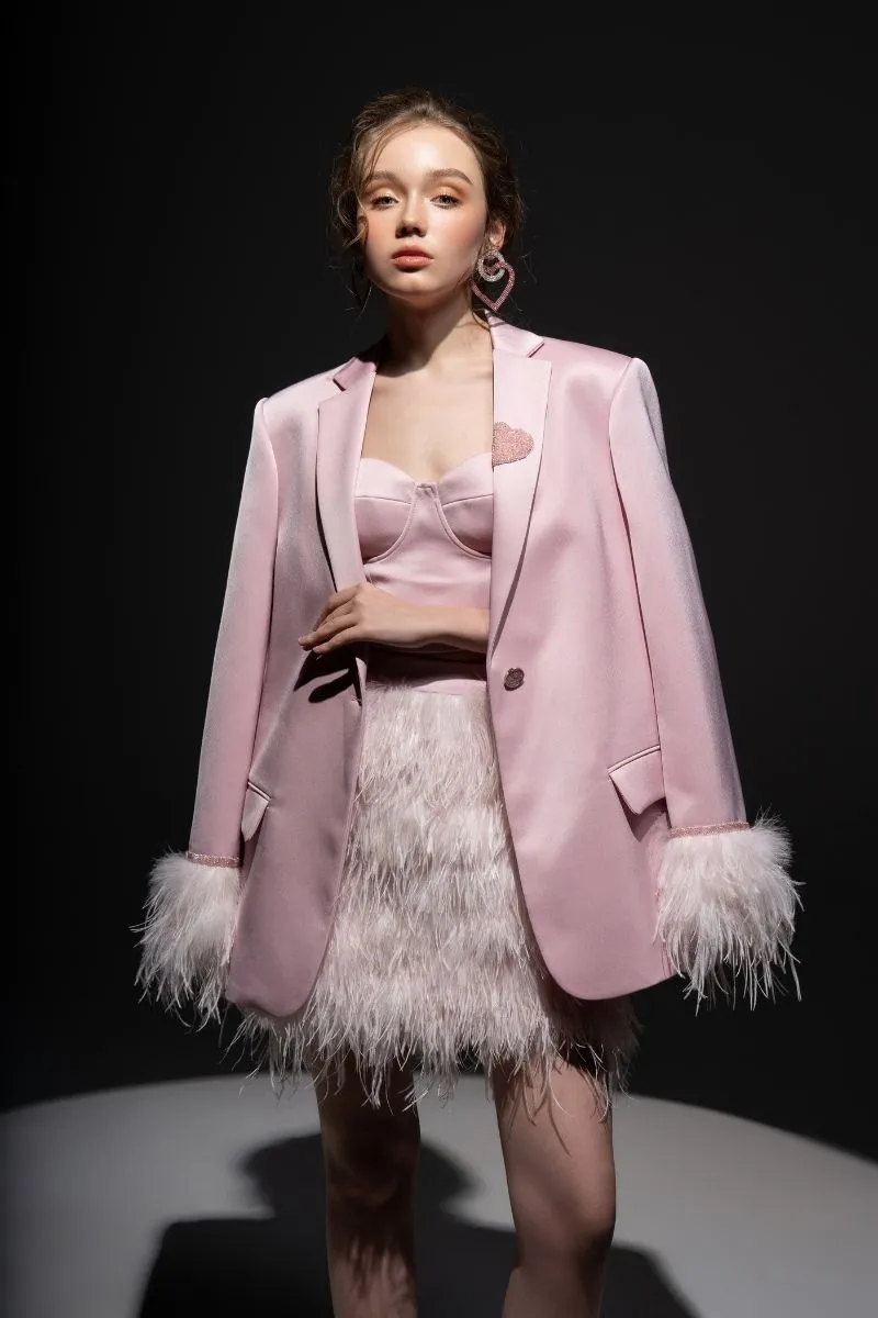 BABY PINK KIERA TAFFETA FEATHER BLAZER SET