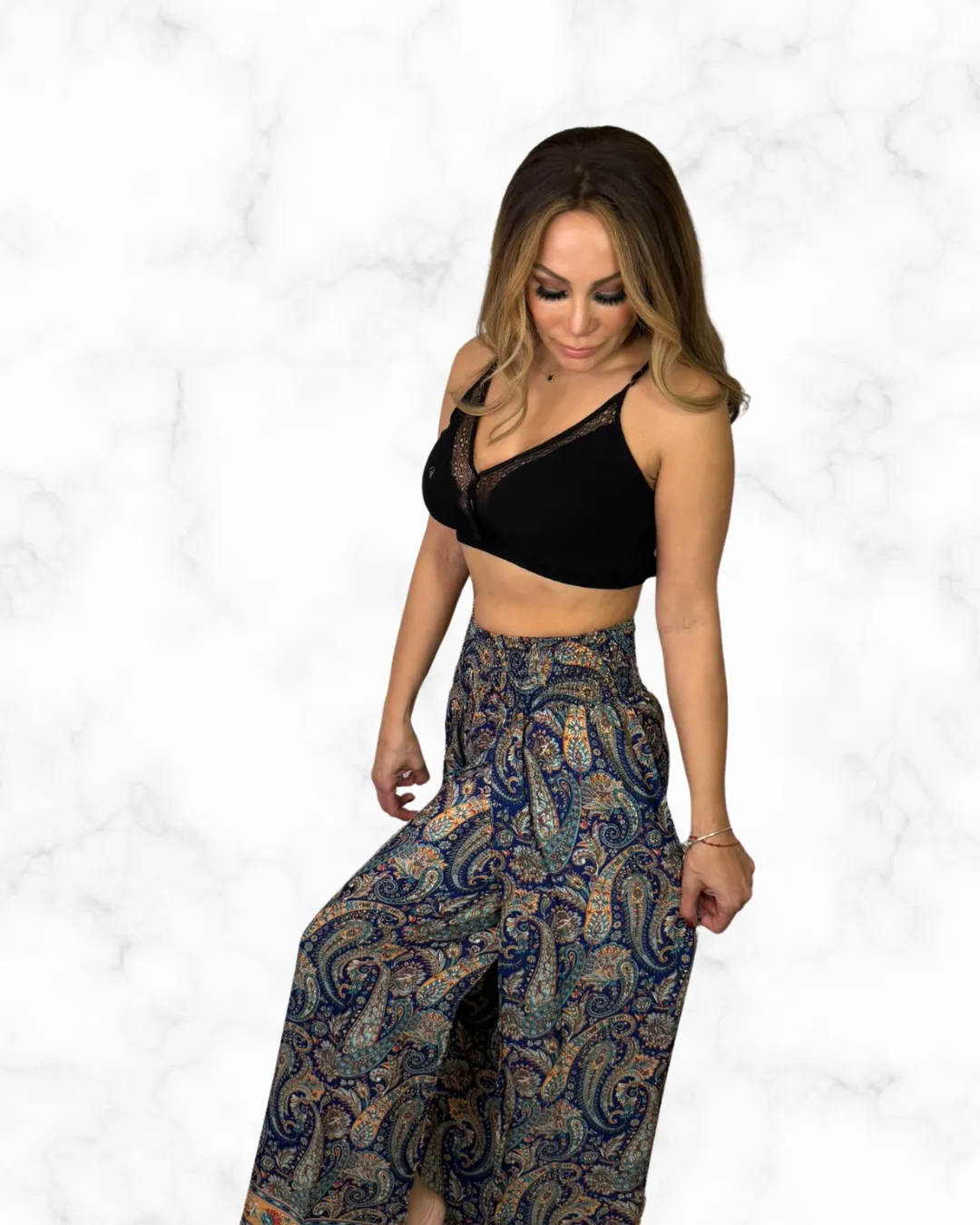 Boho Midnight dark blue Paisley Wide-Leg Palazzo Pants