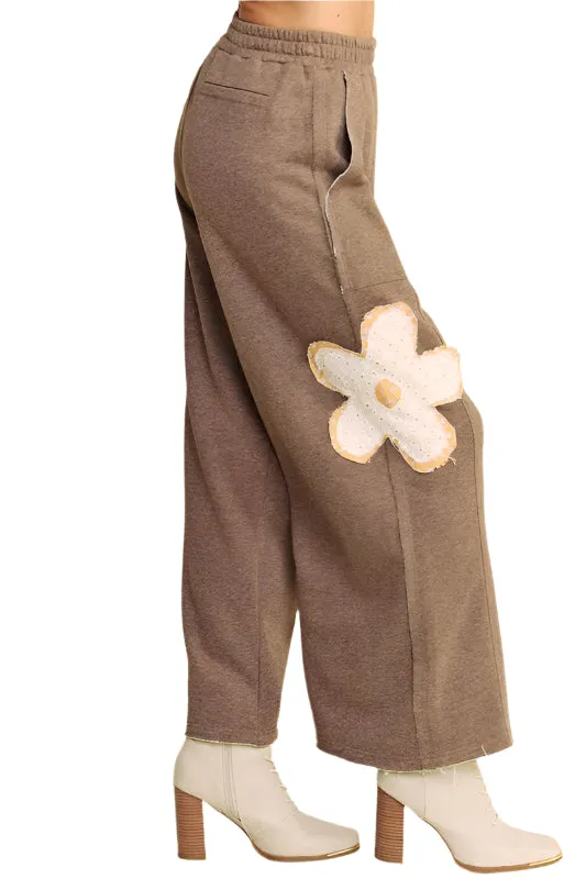 Davi & Dani Flower Patch Elastic Waist Wide Leg Pants (S, M, L)
