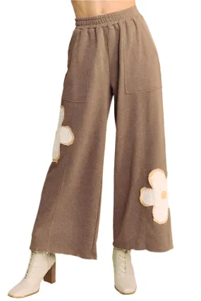 Davi & Dani Flower Patch Elastic Waist Wide Leg Pants (S, M, L)