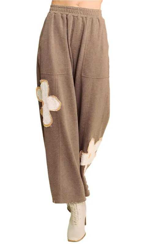 Davi & Dani Flower Patch Elastic Waist Wide Leg Pants (S, M, L)