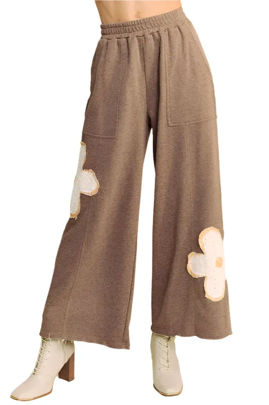 Davi & Dani Flower Patch Elastic Waist Wide Leg Pants (S, M, L)