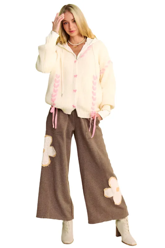 Davi & Dani Flower Patch Elastic Waist Wide Leg Pants (S, M, L)
