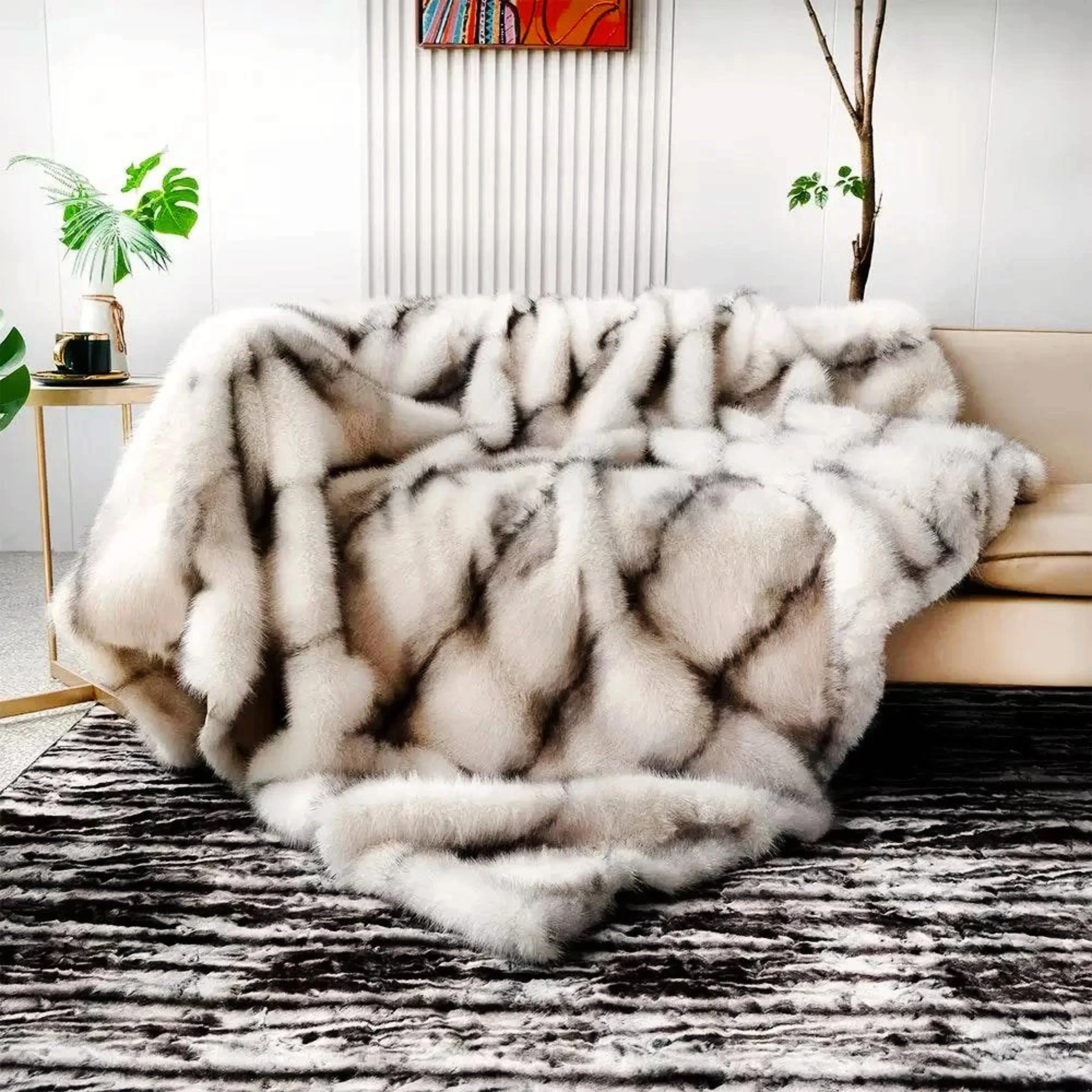 Faux Fur Blanket - Elegant Plaid Design for Beds & Sofas