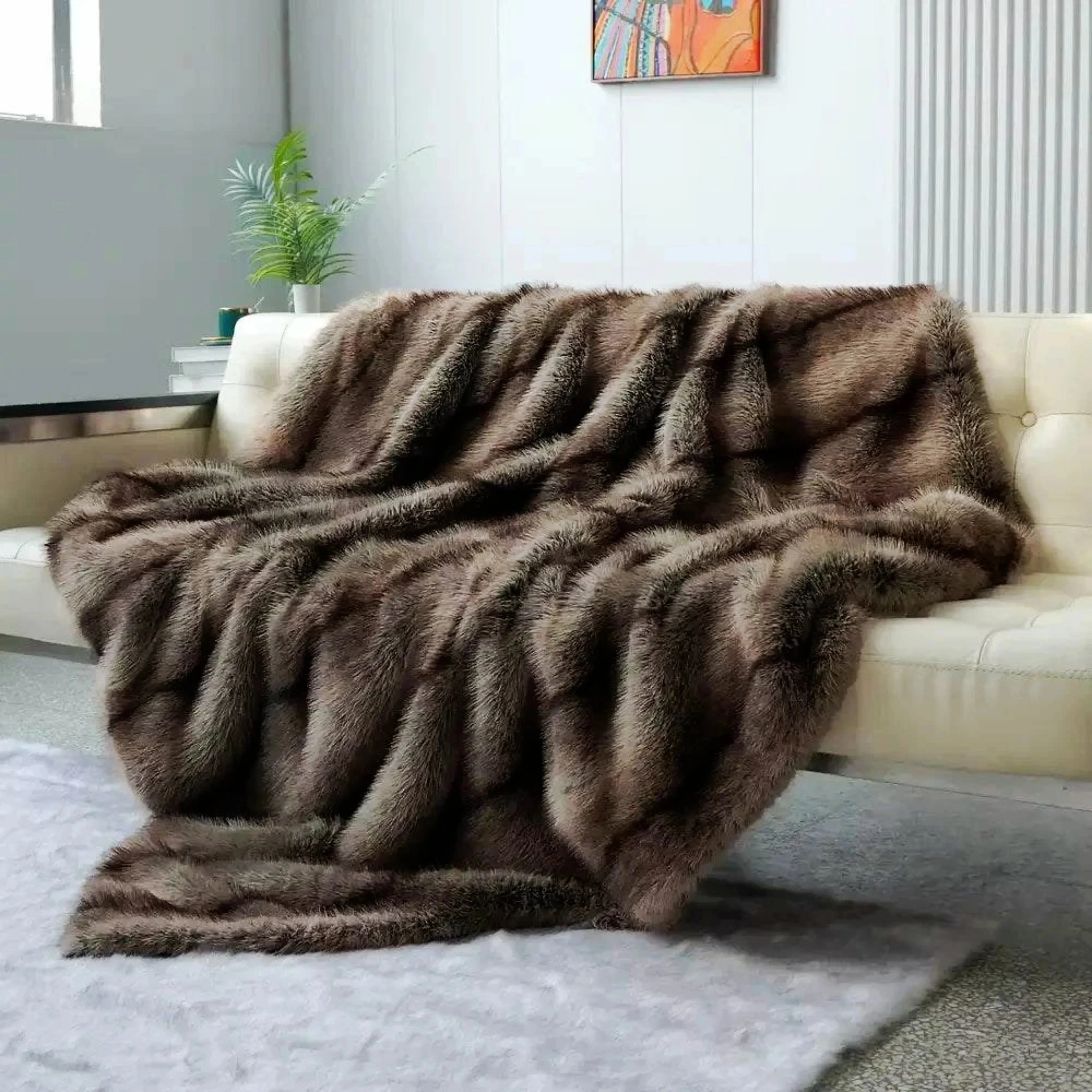 Faux Fur Blanket - Elegant Plaid Design for Beds & Sofas
