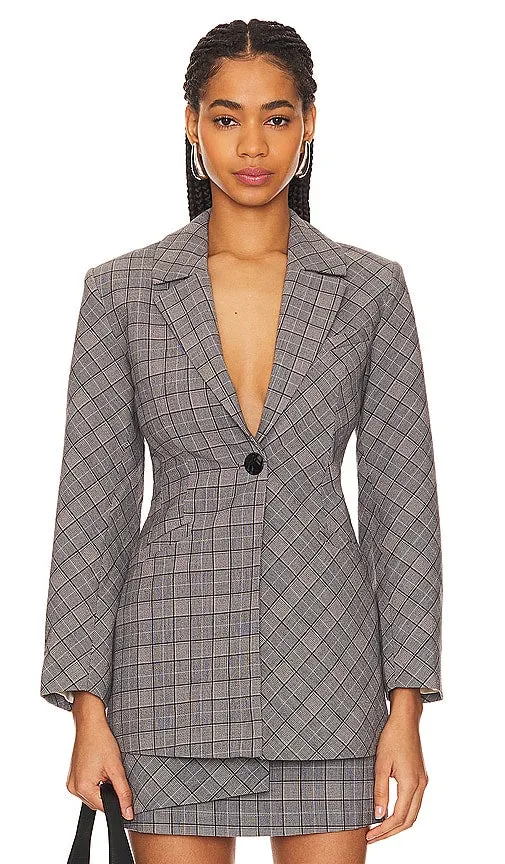 Ganni Check Mix Fitted Blazer in Grey