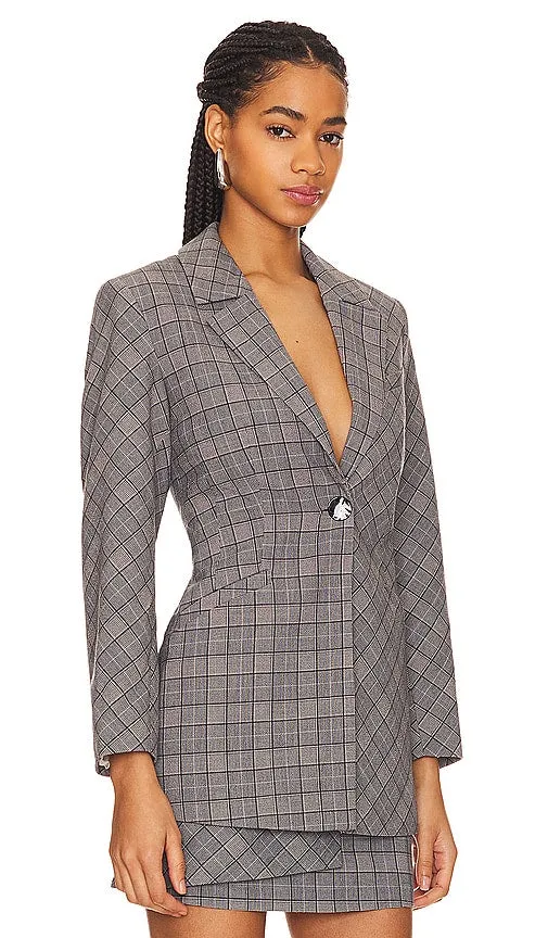 Ganni Check Mix Fitted Blazer in Grey