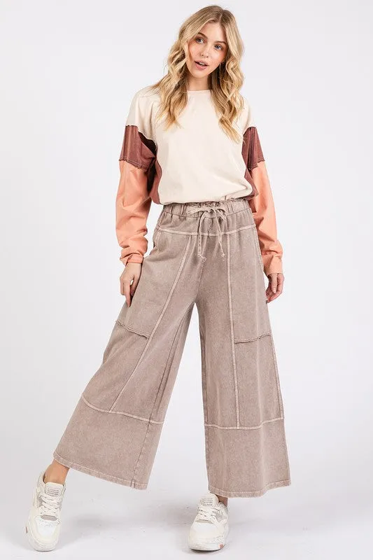 Mineral Wash Seam Detail French Terry Wide Leg Pants