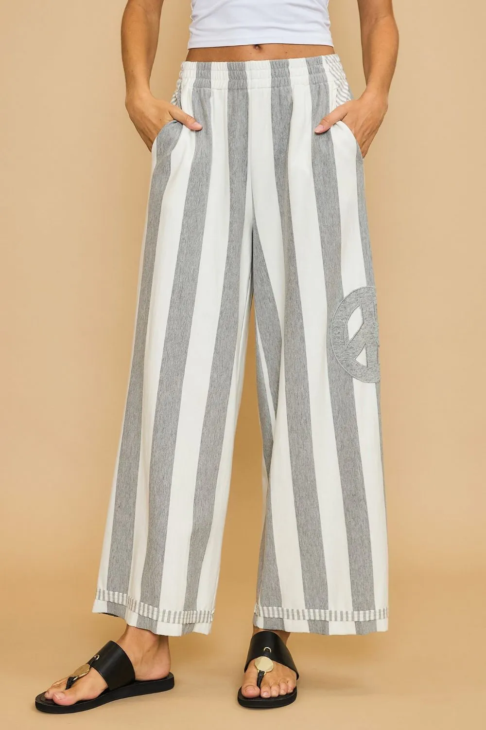 Striped Wide Leg Pants with Peace Sign Patch