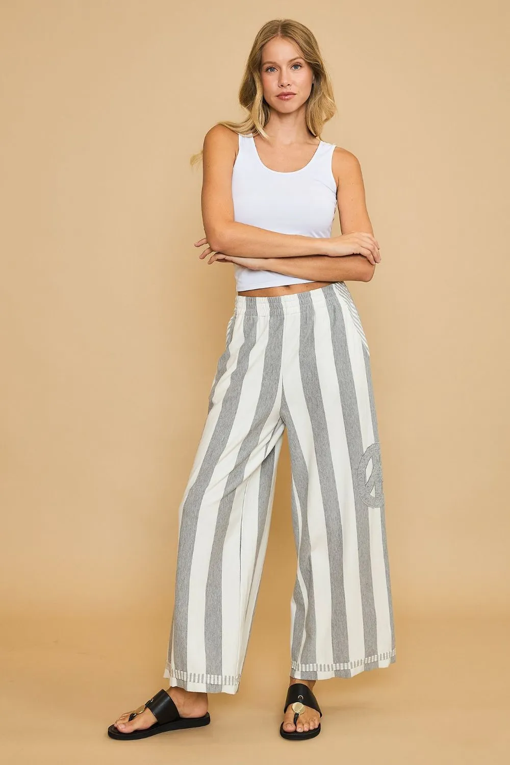 Striped Wide Leg Pants with Peace Sign Patch