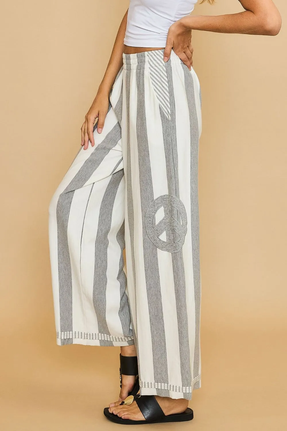 Striped Wide Leg Pants with Peace Sign Patch