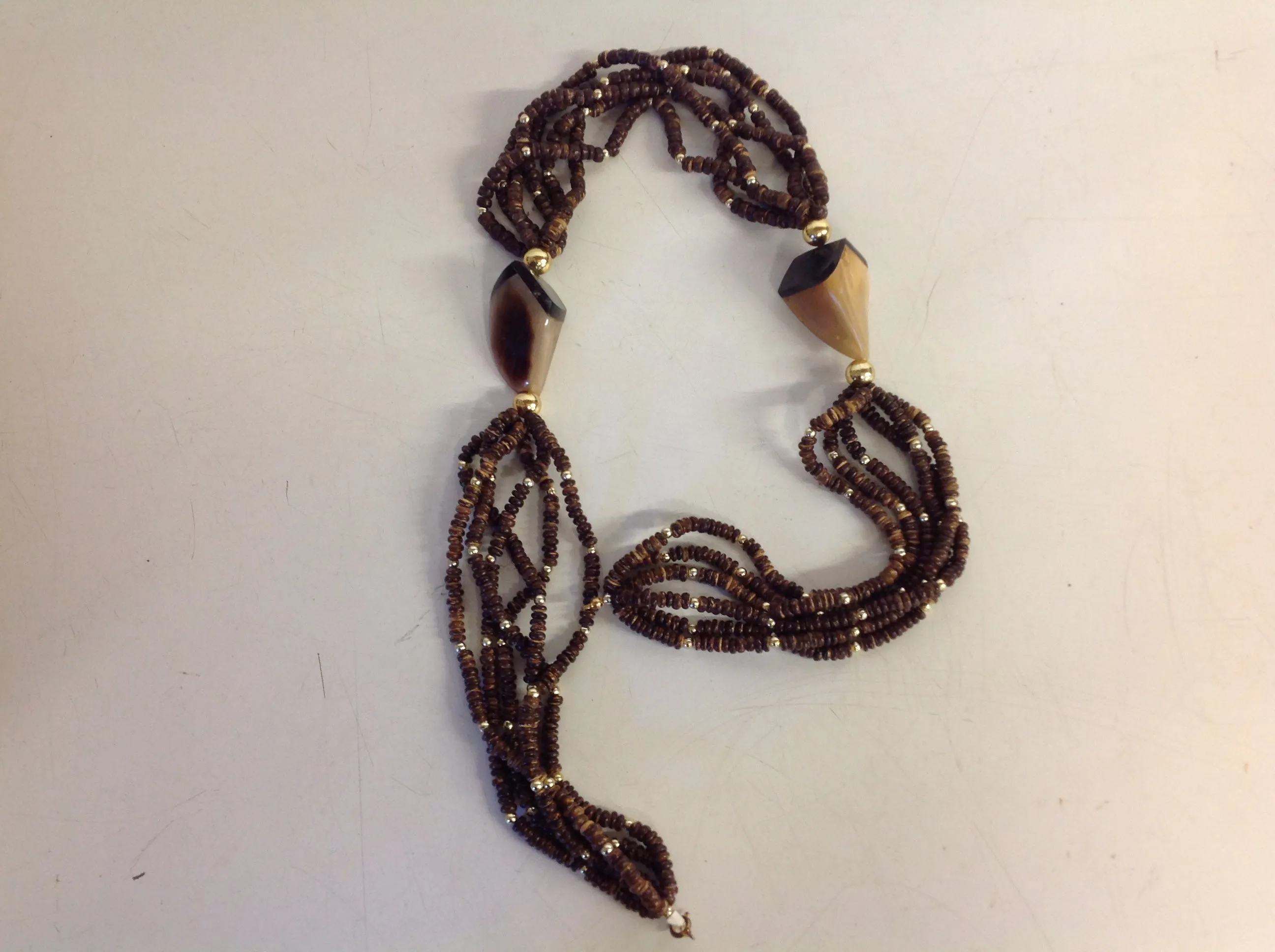 Vintage Wooden Bead Goldtone Plastic Bone Chunky Strand Necklace