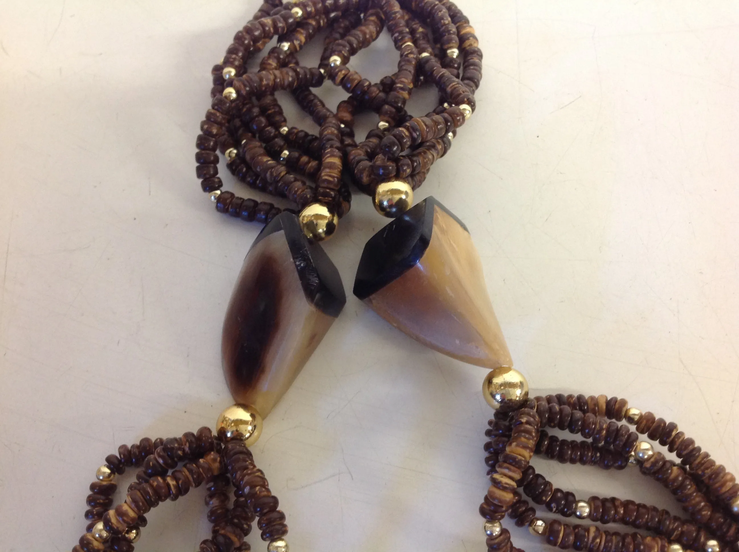 Vintage Wooden Bead Goldtone Plastic Bone Chunky Strand Necklace